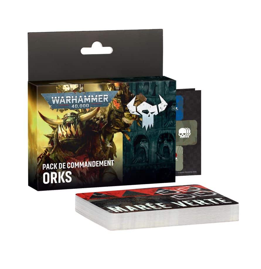 Complétez votre armée Ork avec le Pack de Commandement : 94 cartes de référence et 36 pions double face pour suivre règles, stratagèmes et statuts.