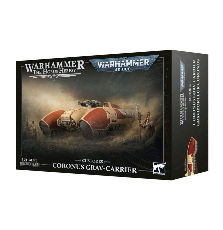 Découvrez le Graviporteur Coronus de la Legio Custodes, un transport antigrav lourdement blindé pour protéger vos guerriers et soutenir vos forces au combat