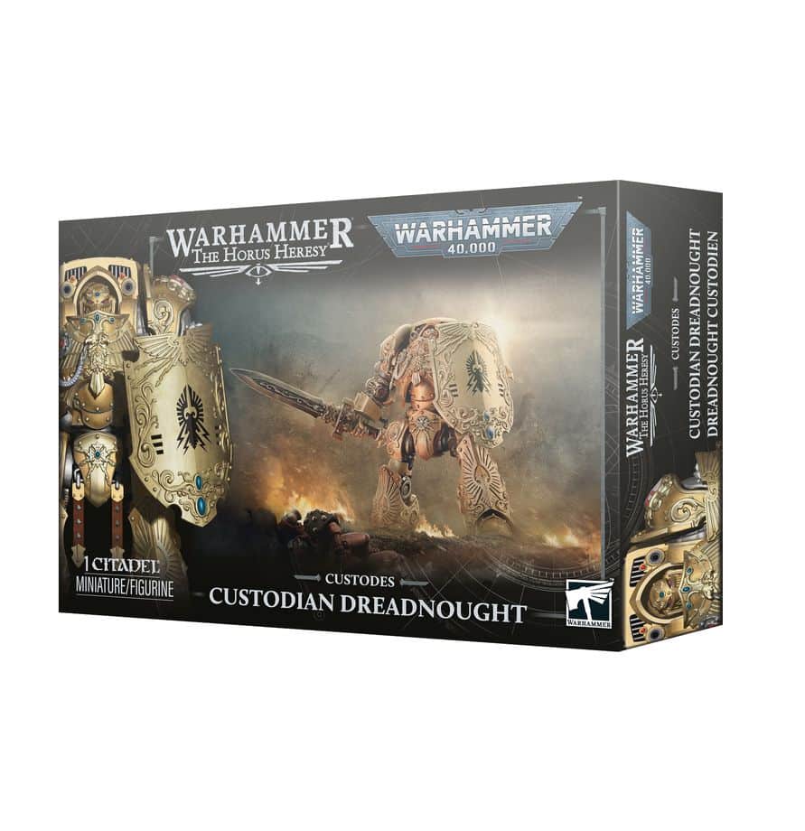 Découvrez le Custodes Dreadnought Custodien, un marcheur blindé et puissant, équipé d’un arsenal redoutable pour soutenir vos guerriers au combat.