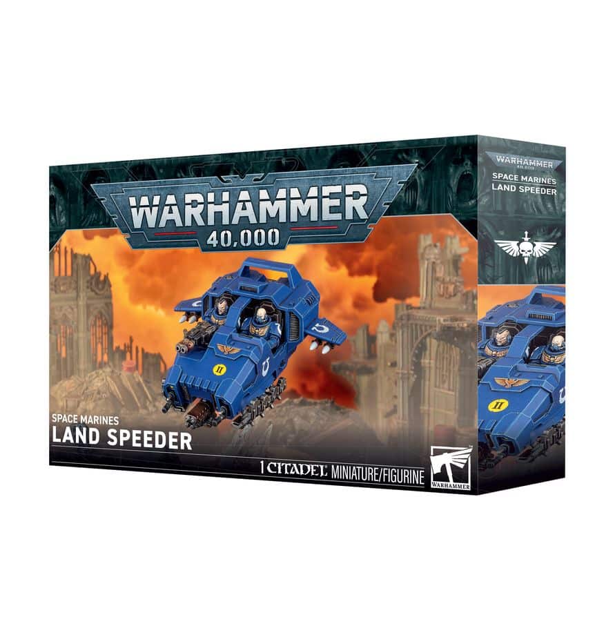 Découvrez le Land Speeder Space Marines, un véhicule rapide et polyvalent armé au choix d’un canon gatling Hécatombe ou d’un pyrocanon.