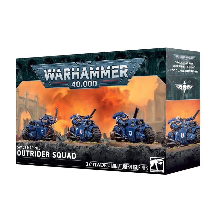 Découvrez les Outriders Space Marines, des motards rapides et puissants prêts à percuter les flancs ennemis, avec de nombreuses options de personnalisation.