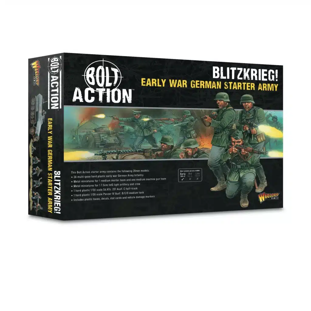 La boîte Bolt Action - Blitzkrieg Early War German Starter Army contient une force allemande en plastique pour le jeu Bolt Action.